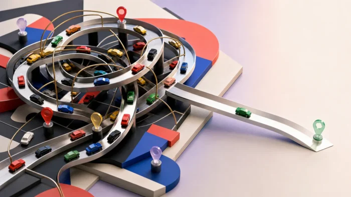 A Bauhaus-inspired tabletop traffic maze with tiny unbranded cars, looping metal lanes, map pins, and one open exit ramp, illustrating a stuck-in-traffic dream.
