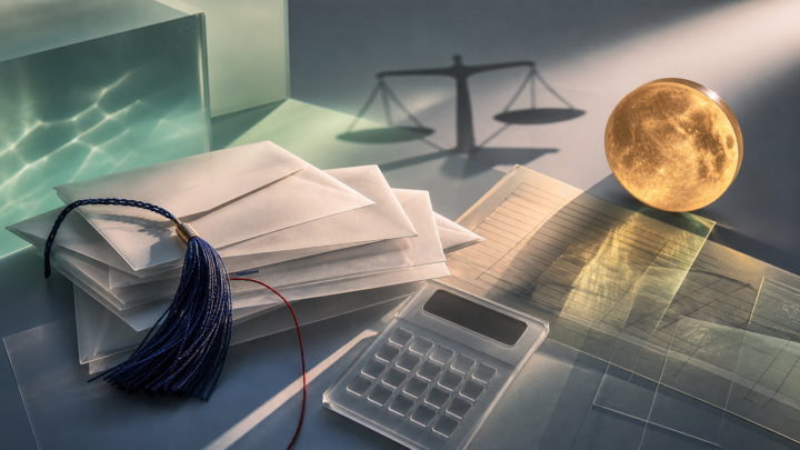 Blank student-loan envelopes, a calculator, graduation tassel, translucent ledgers, and a moonlike coin in gel-lit acrylic, illustrating student loan debt dreams and repayment anxiety