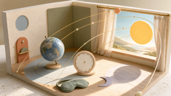 A handcrafted summer solstice diorama with a tilted Earth, sun-path arcs, blank clock, sleep mask, and crescent shadow, illustrating dreams about long daylight and short nights