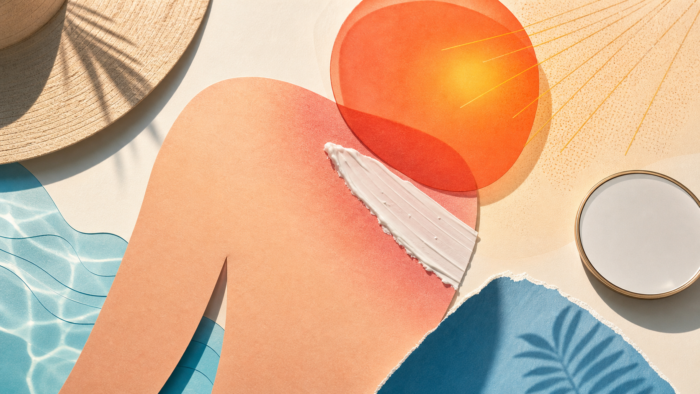 An editorial sun-safety illustration with an abstract sunburned shoulder shape, sunscreen swipe, hat shadow, UV rays, and blue shade, illustrating sunburn dreams about exposure and protection