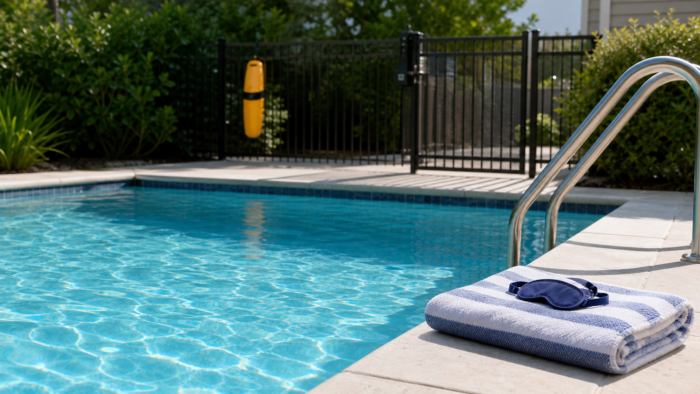 A quiet sunlit swimming pool with a closed safety gate, towel, and sleep mask, illustrating swimming pool dreams and summer emotions