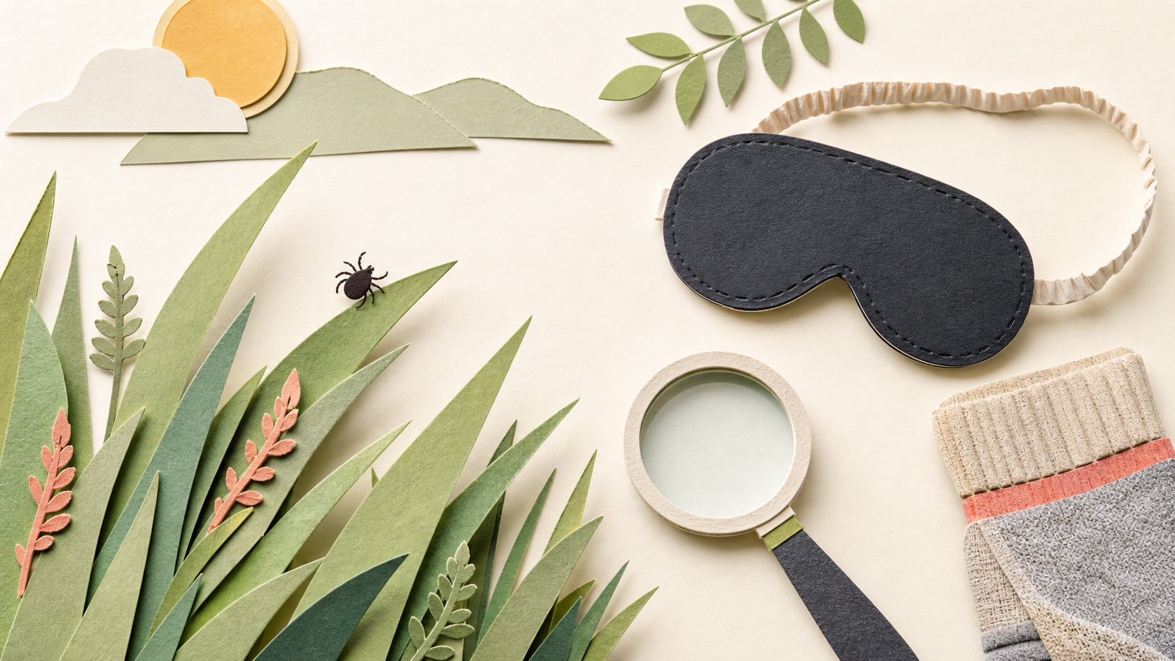 A paper-cut collage of summer grass, a sleep mask, a magnifying glass, and a small tick, illustrating tick dreams and summer anxiety