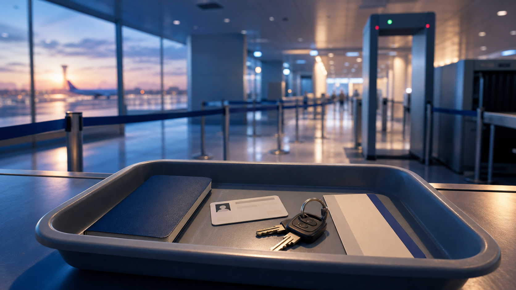 Blank travel documents in an airport security tray at dawn, illustrating a dream about forgetting ID at the airport