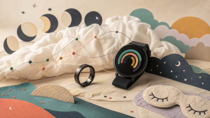 Handmade paper and fabric dreamscape with an unbranded sleep tracker ring, smartwatch sleep-score arcs, moon phases, and soft pillow-like clouds.
