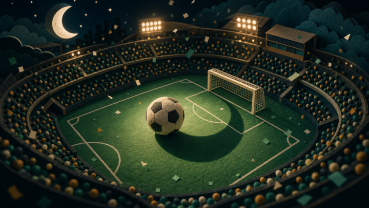 A miniature dreamlike soccer stadium with a crescent-shadowed ball near an open goal, illustrating World Cup dreams and missed-chance pressure