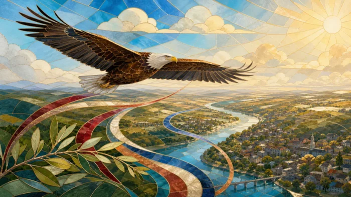 A stained-glass style bald eagle gliding above a sunlit river valley with ribbon-like light trails, illustrating a dream about freedom, perspective, and responsibility.