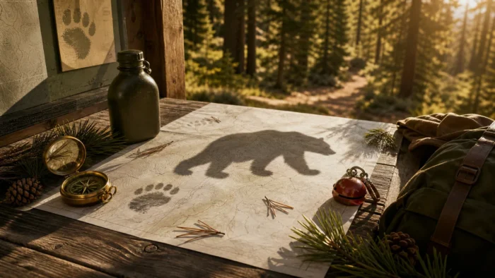 A sunlit trail table with a blank map, compass, bear bell, pine needles, paw prints, and a bear-shaped shadow, illustrating a bear dream about boundaries and instinct.