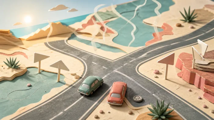 Two clay cars paused before a paper-cut desert highway intersection, illustrating a dream about car accidents, control, and impact.