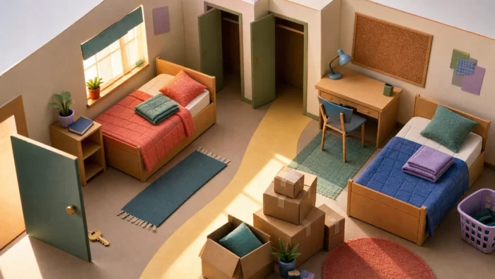 A handmade dorm room diorama with two twin beds, moving boxes, an open door, a room key, and morning light, illustrating dorm room dreams about roommates and transition.