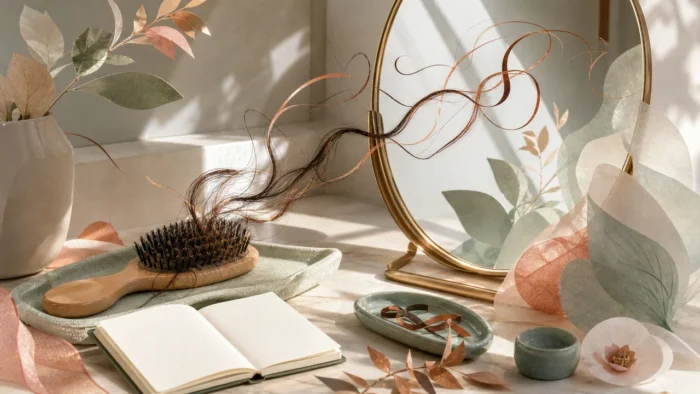 Hair strands lifting like ribbons from a brush beside a warm mirror, illustrating a dream about stress, self-image, control, and body signals.
