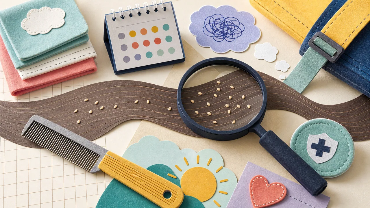 A cut-paper school-health desk with a comb, magnifying glass, hair ribbon, and tiny abstract dots, illustrating a dream about head lice, shame, and small worries.
