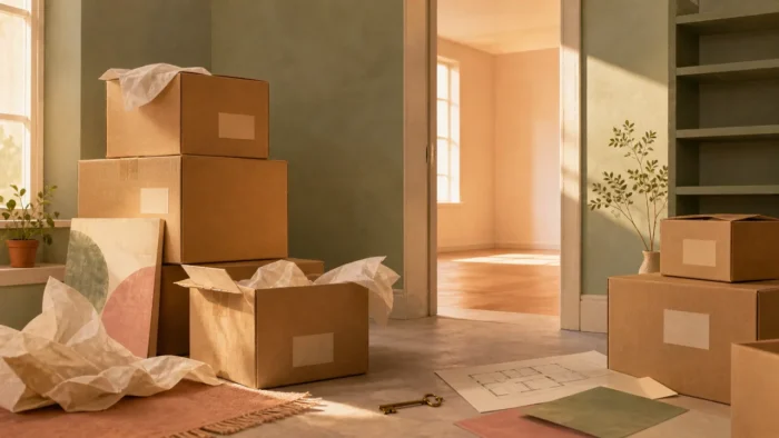 A warm half-packed room with blank moving boxes, an open doorway, an empty shelf, and a brass key, illustrating dreams about transition and what to carry forward.