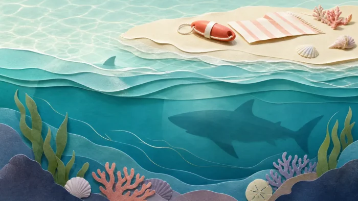 A bright paper-cut ocean cross-section with a calm beach, shells, a lifeguard float, and a soft shark silhouette under the water, illustrating shark dreams about hidden fear and instinct.