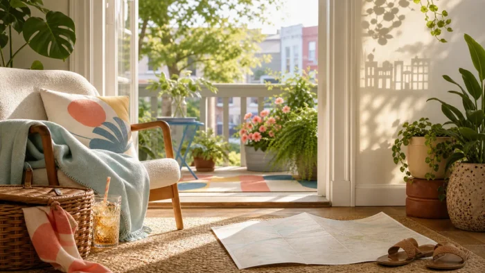 A sunlit apartment porch with plants, sandals, a picnic basket, and a blank local map, illustrating a staycation dream about rest without leaving home.