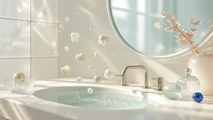 Pearl-like tooth shapes floating above a bright glass sink and blank mirror, illustrating a dream about teeth falling out, stress, change, and body signals.
