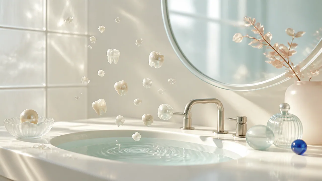 Pearl-like tooth shapes floating above a bright glass sink and blank mirror, illustrating a dream about teeth falling out, stress, change, and body signals.