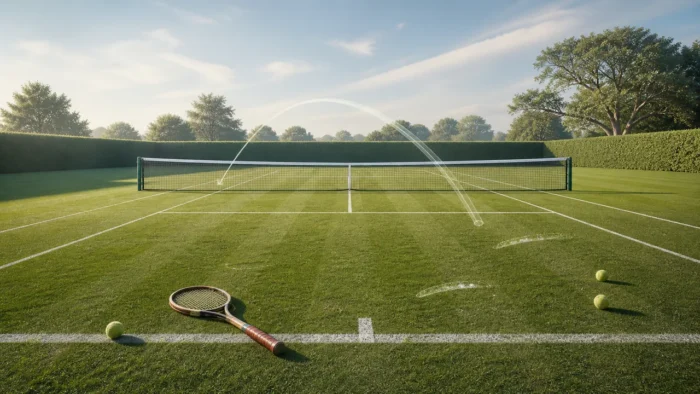 An empty sunlit grass tennis court with a racket, tennis balls, crisp white lines, a net, and a faint ball arc, illustrating a dream about serves, faults, and replayed points.