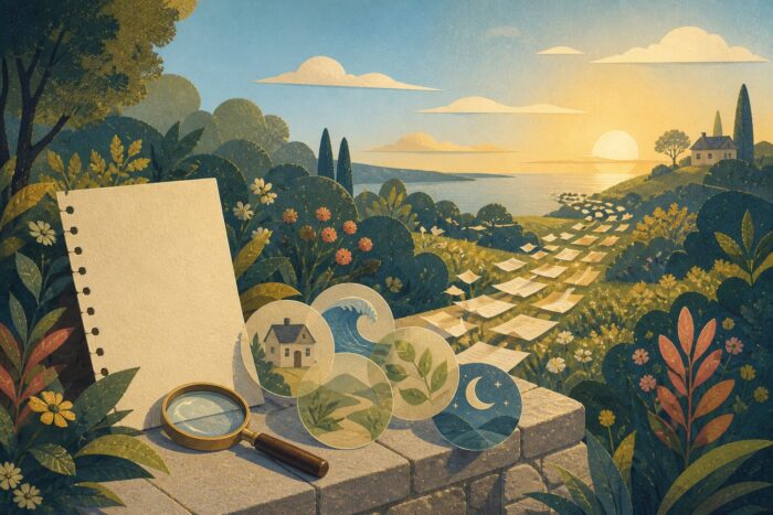 Illustration éditoriale d’un journal, de motifs de rêves et de milliers de pages convergeant vers une maison au lever du jour