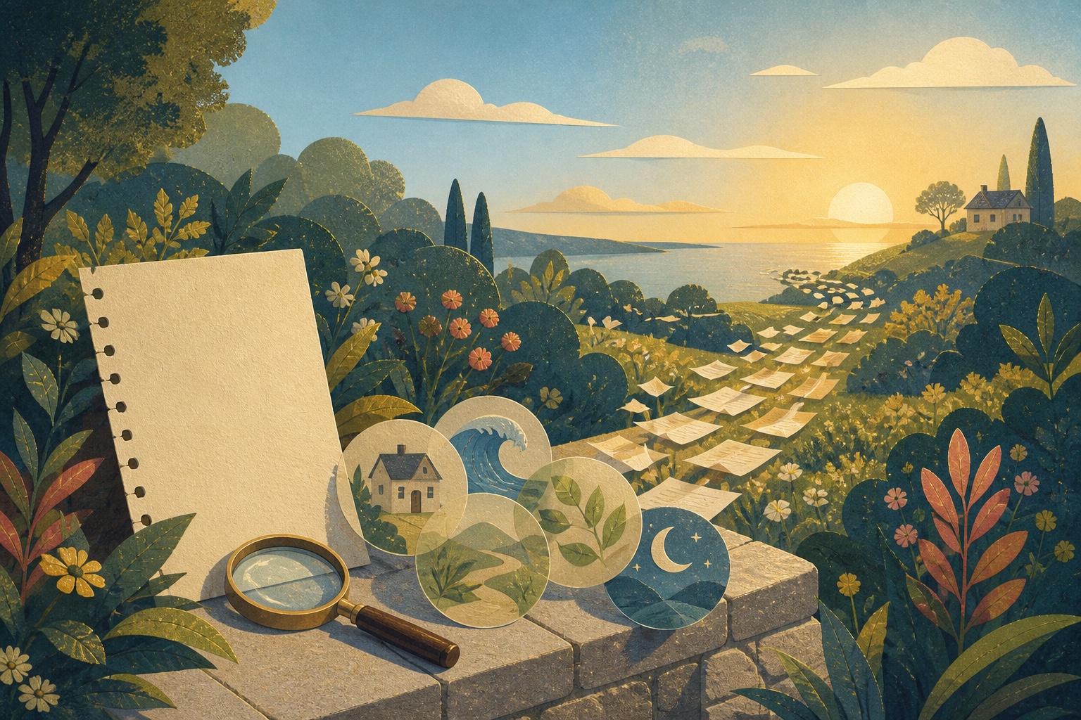 Illustration éditoriale d’un journal, de motifs de rêves et de milliers de pages convergeant vers une maison au lever du jour
