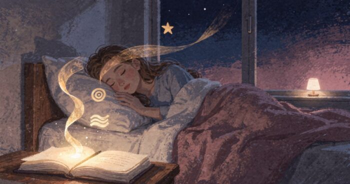 A soft dreamlike night scene with a sleeping figure and ribbons of warm light rising from a dream journal