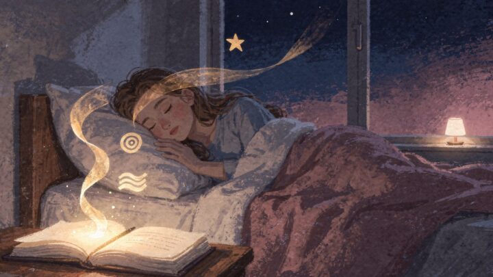 A soft dreamlike night scene with a sleeping figure and ribbons of warm light rising from a dream journal