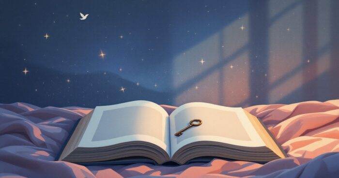 A dream dictionary book open at dawn, its pages dissolving into a calm night sky with a wave, a key and a small bird