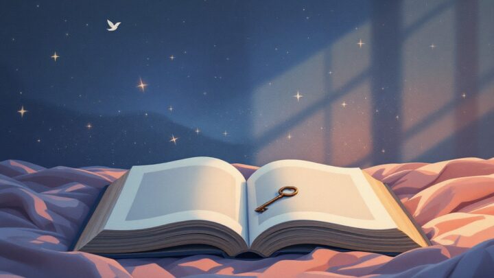A dream dictionary book open at dawn, its pages dissolving into a calm night sky with a wave, a key and a small bird