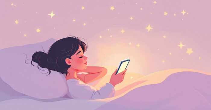 A woman lying in bed at dawn holding a softly glowing phone, small stars drifting above the pillow in warm pink and gold light