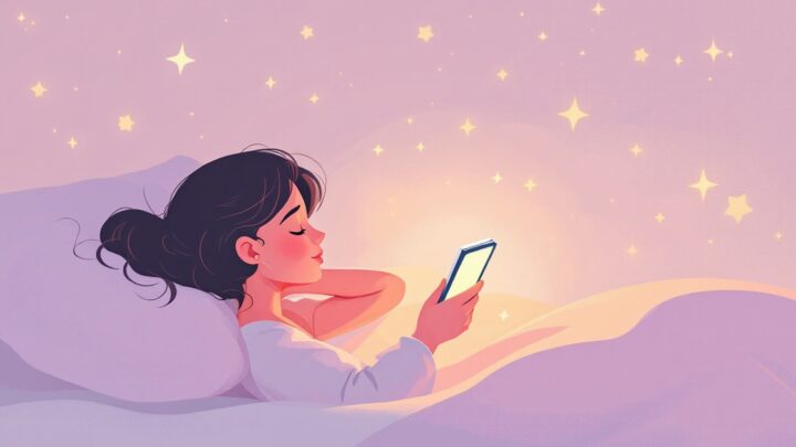 A woman lying in bed at dawn holding a softly glowing phone, small stars drifting above the pillow in warm pink and gold light