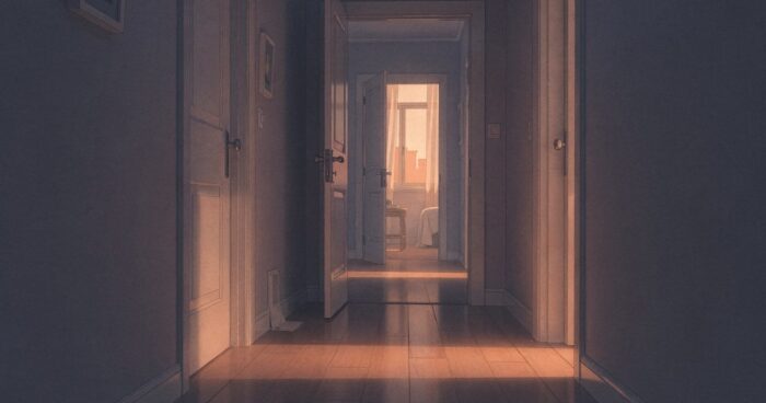 A soft dreamlike corridor of familiar rooms repeating into warm dusk light
