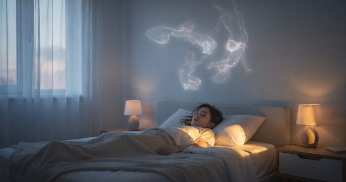 Soft dreamlike illustration of a person waking at dawn, holding on to a fading dream in quiet morning light