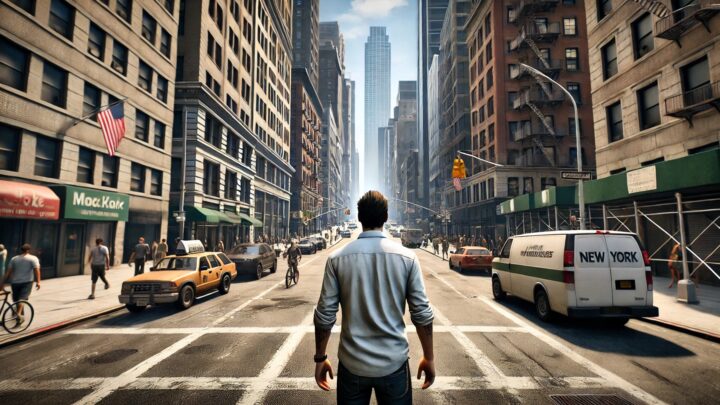 A man seen from behind standing in the middle of a sunny New York street, like a third-person camera in a dream