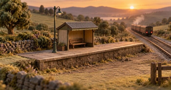 A quiet train platform at dawn with a train's doors closing in the distance