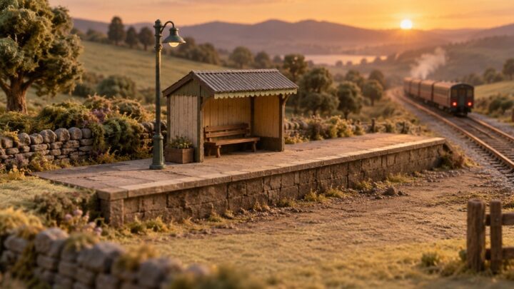 A quiet train platform at dawn with a train's doors closing in the distance