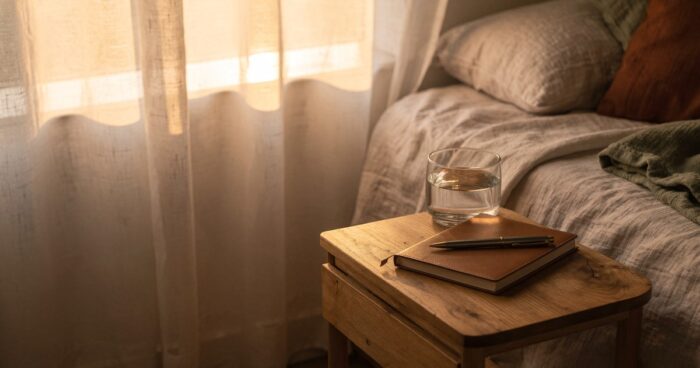 A closed notebook and a glass of water in warm morning light, illustrating a calm dream journaling ritual for recurring dreams