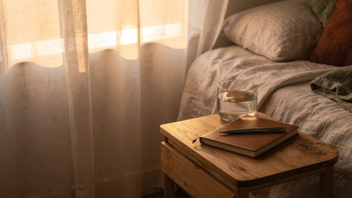 A closed notebook and a glass of water in warm morning light, illustrating a calm dream journaling ritual for recurring dreams