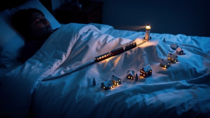 A person asleep whose duvet has become a small snowy landscape with a lit train, a lighthouse and houses, like a night full of dreams